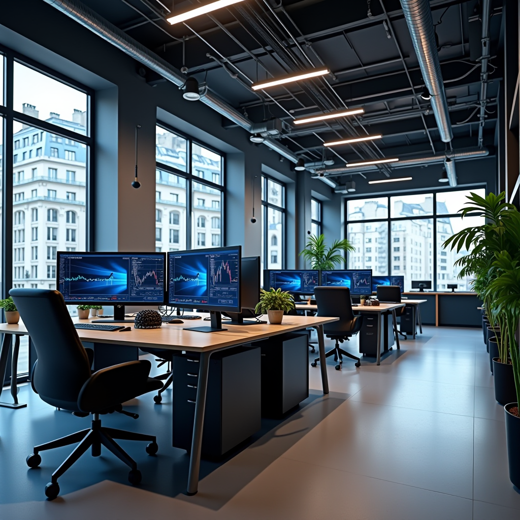 Bureau moderne d'ATHENA TRADING situé au cœur de Le Lamentin, avec des espaces de travail équipés de technologies avancées pour l'analyse de trading et le développement d'intelligence artificielle