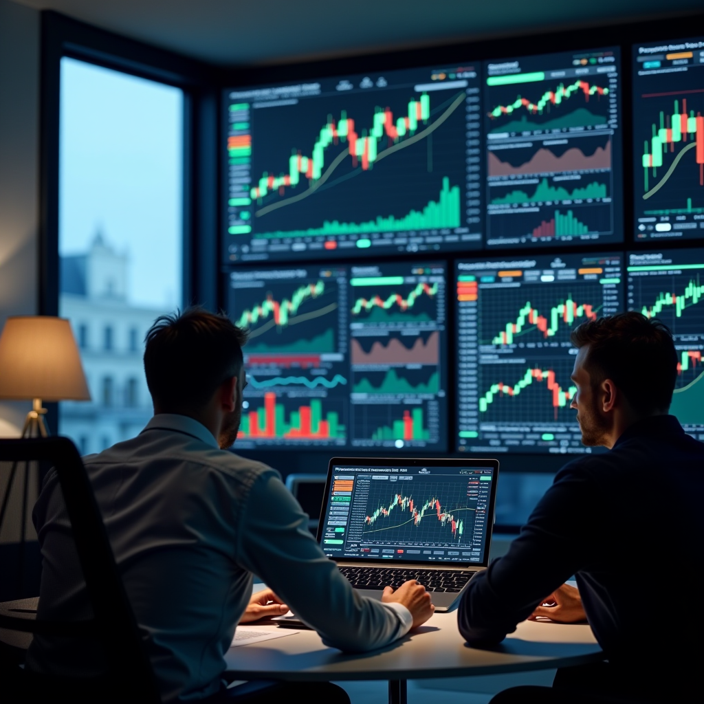 Interface moderne d'analyse technique alimentée par intelligence artificielle montrant des graphiques de trading en temps réel, des indicateurs techniques avancés et des recommandations automatisées sur plusieurs écrans, avec des traders professionnels analysant les données dans un bureau moderne européen
