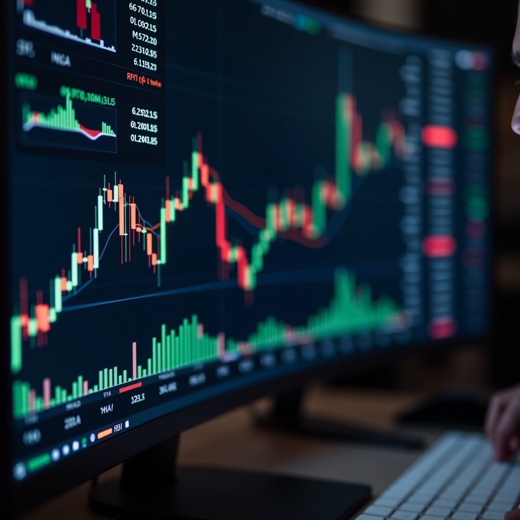 Tableau de bord d'analyse technique montrant plusieurs graphiques avec moyennes mobiles, RSI et MACD sur des écrans d'ordinateur dans un environnement de trading professionnel