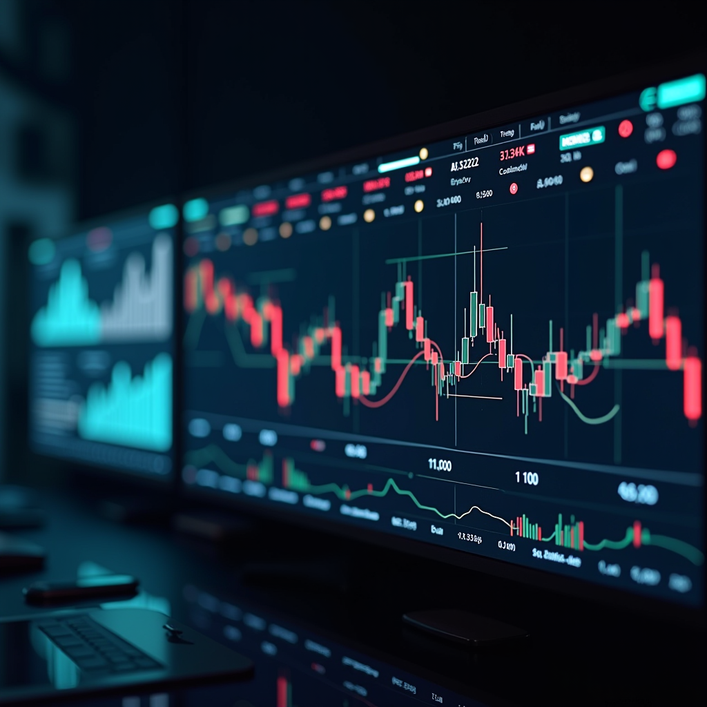 Tableau de bord d'analyse de marché montrant des graphiques de tendances, des indicateurs techniques et des visualisations de données financières sur plusieurs écrans avec des courbes ascendantes et descendantes, des volumes de trading et des zones de support et résistance