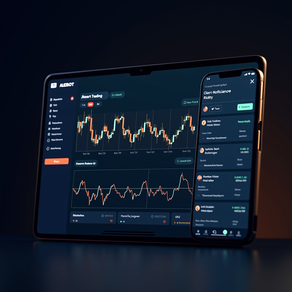 Interface du système d'alertes Schazbot montrant plusieurs graphiques de trading avec indicateurs techniques, panneau de notifications d'alertes sur le côté droit, téléphone mobile affichant des notifications push, interface moderne bleu marine avec accents dorés