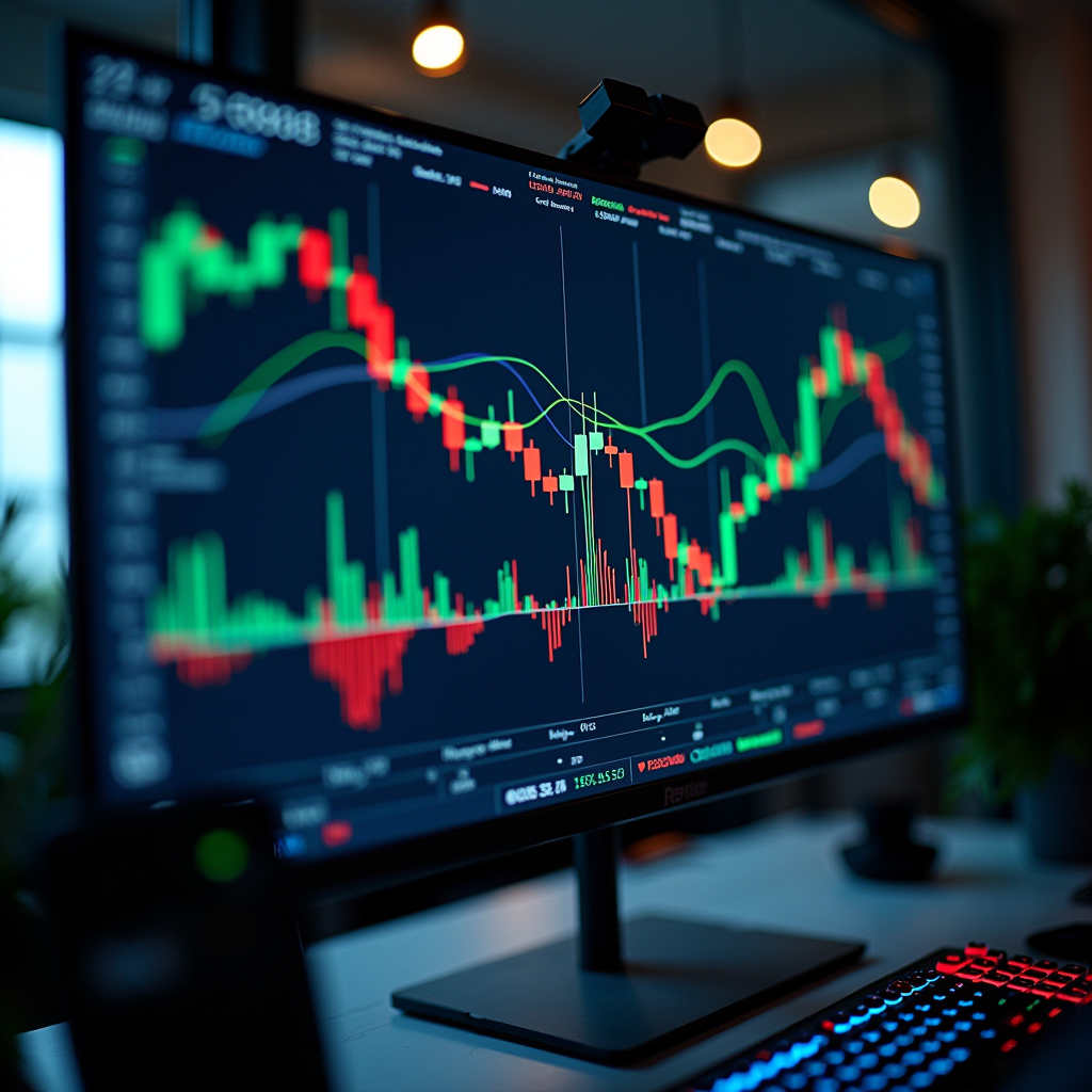 Interface d'analyse technique avancée montrant des graphiques de trading avec des indicateurs d'intelligence artificielle, des courbes de tendance et des signaux automatisés sur plusieurs écrans, dans un environnement de bureau moderne européen