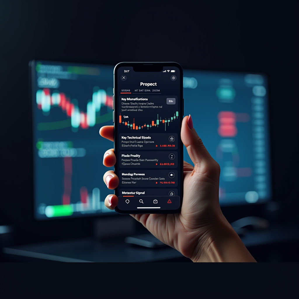 Interface de système d'alertes intelligentes montrant des notifications en temps réel sur mobile et ordinateur avec des niveaux techniques clés et des signaux de momentum