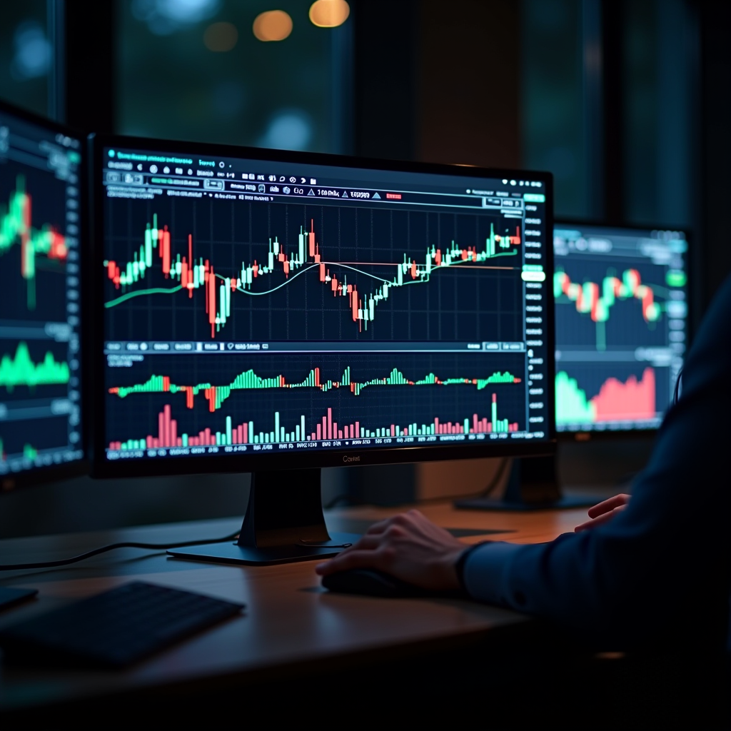 Écran d'ordinateur affichant divers modèles de graphiques techniques incluant des chandeliers japonais, des triangles, des têtes et épaules, avec des indicateurs RSI et MACD, dans un bureau de trading professionnel avec plusieurs moniteurs