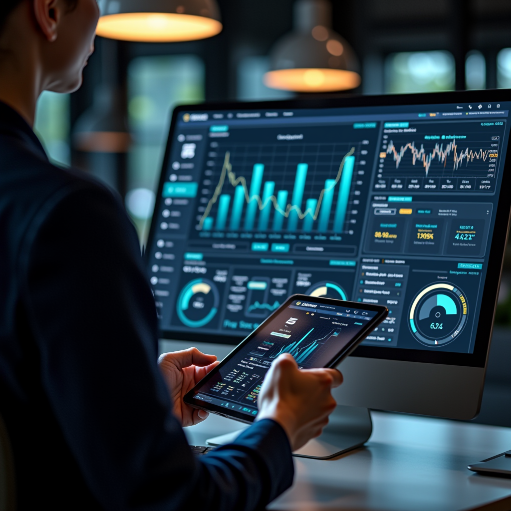 Interface moderne de plateforme de trading montrant des outils d'analyse avec des recommandations basées sur des données, des tableaux de bord interactifs, et un trader consultant les informations sur une tablette dans un environnement de bureau élégant